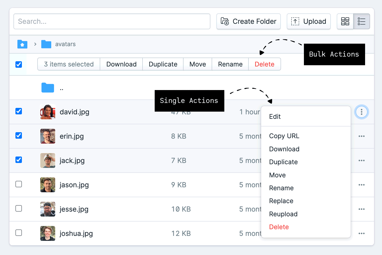 Assets actions