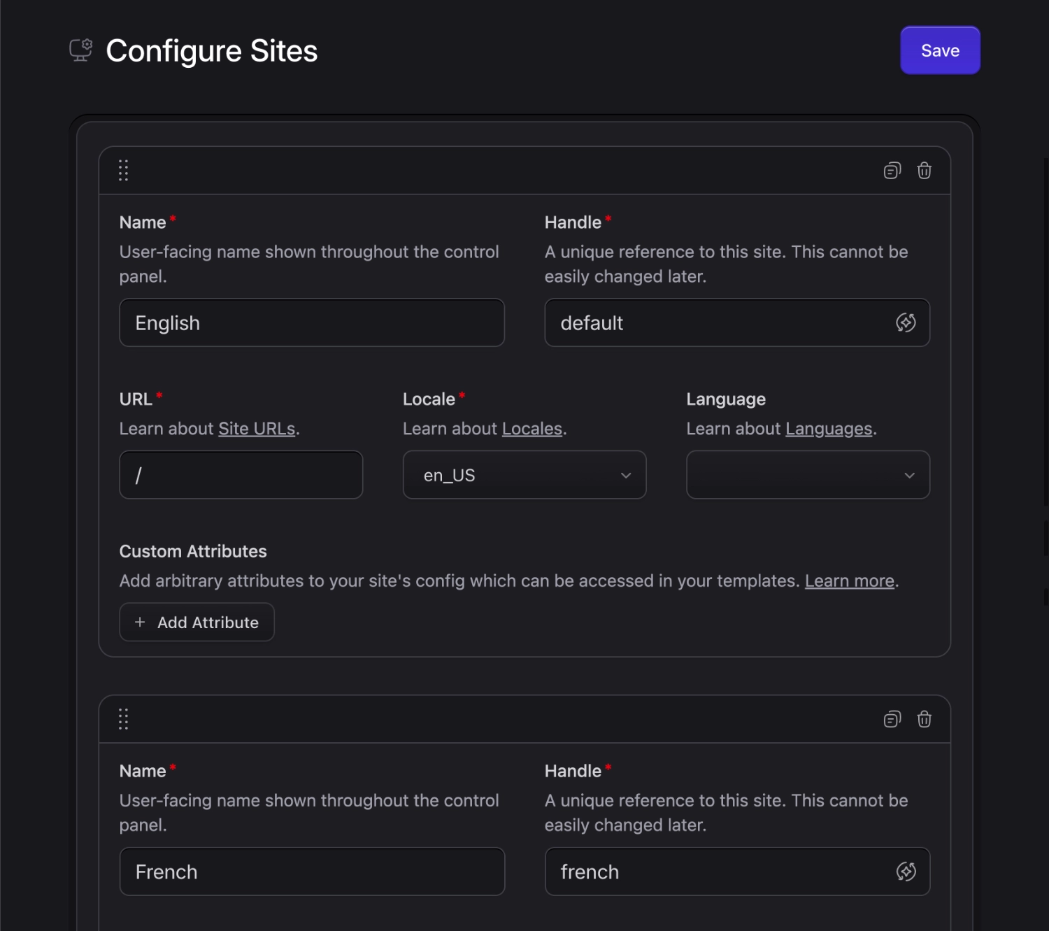 Configure sites page in control panel