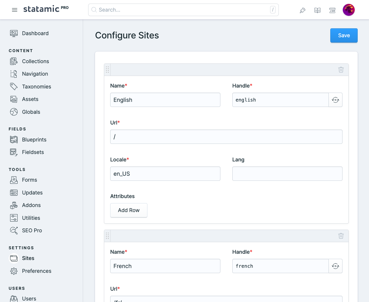 Configure sites page in control panel