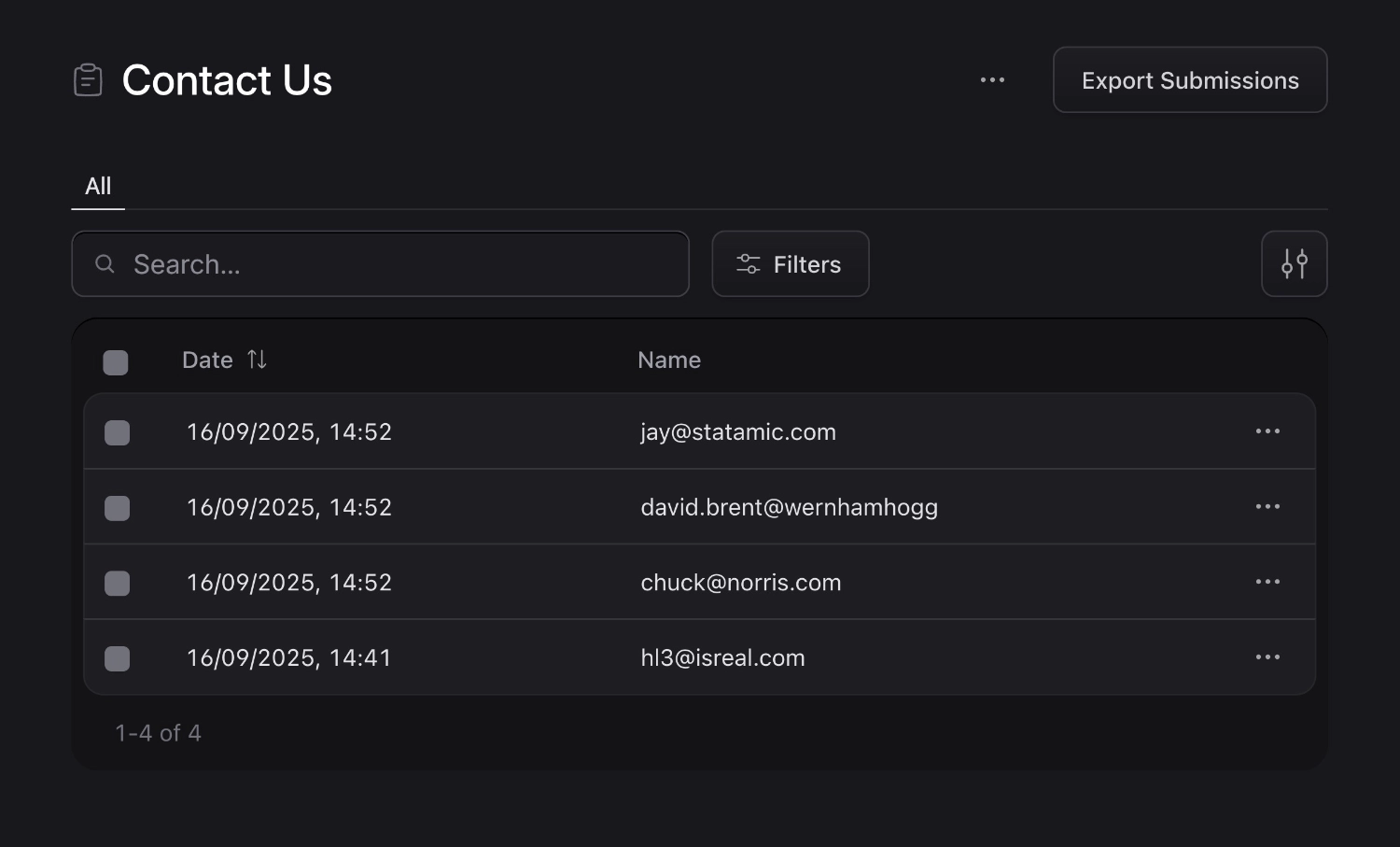 List of form submissions in the control panel