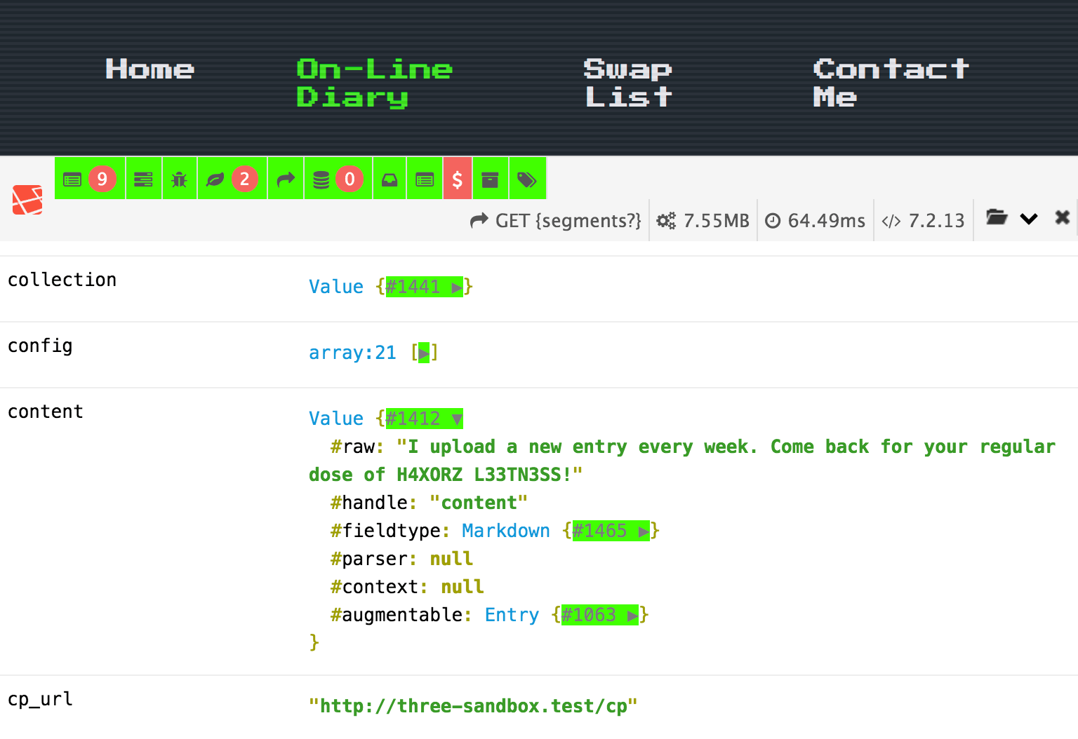 Debug bar showing available variables