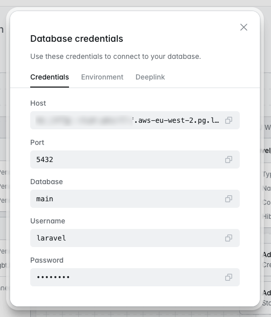 Database credentials modal