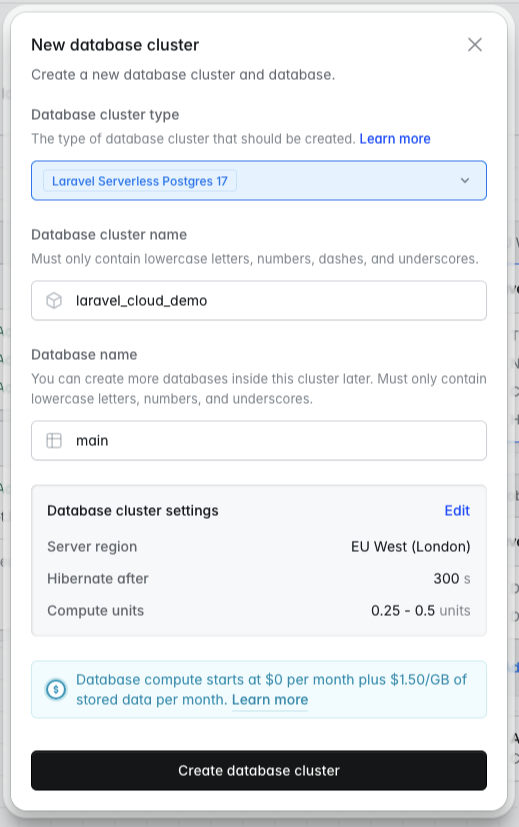 New database cluster modal