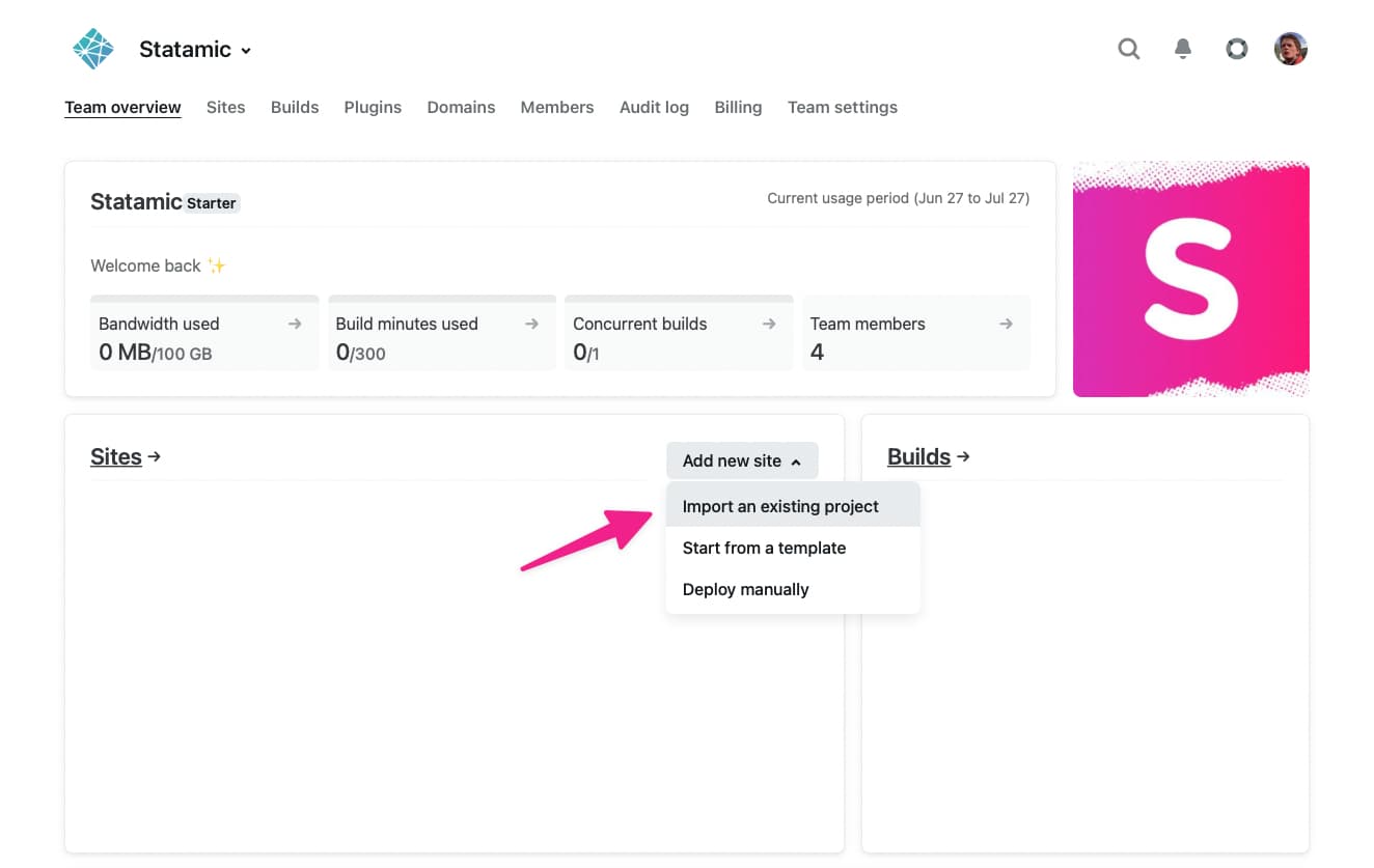 Netlify dashboard to import a project