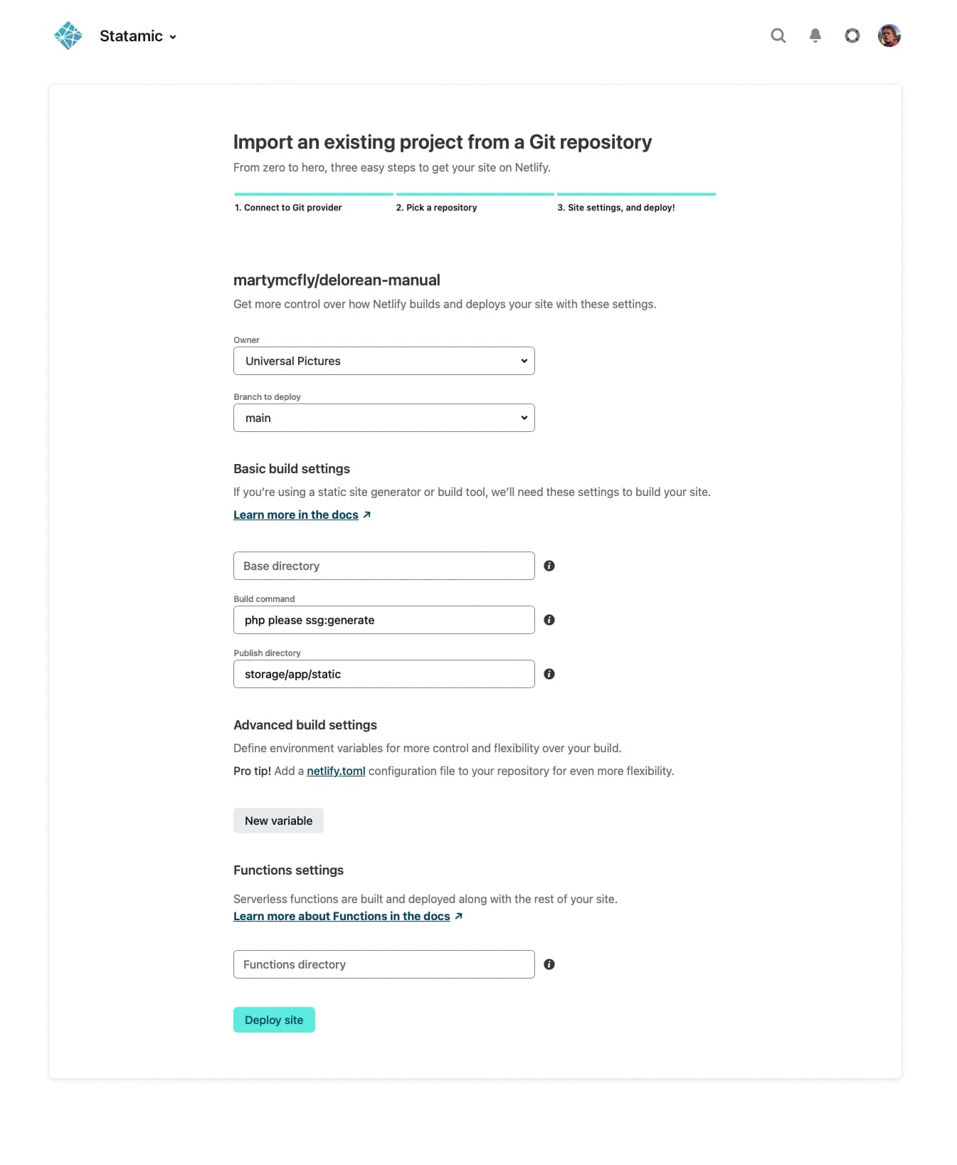 Site and deploy settings for the site