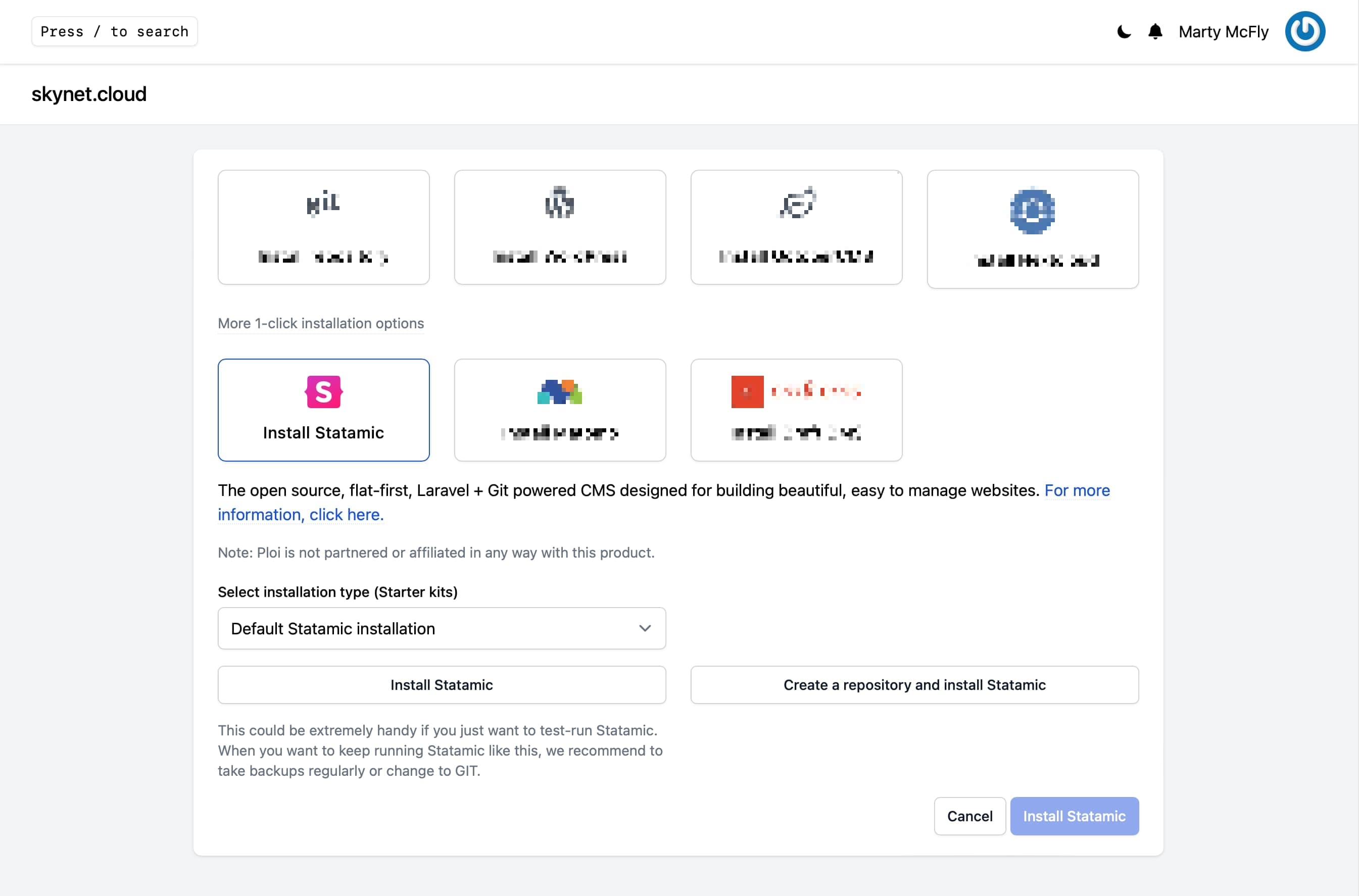 Install Statamic with Ploi's 1-click feature example