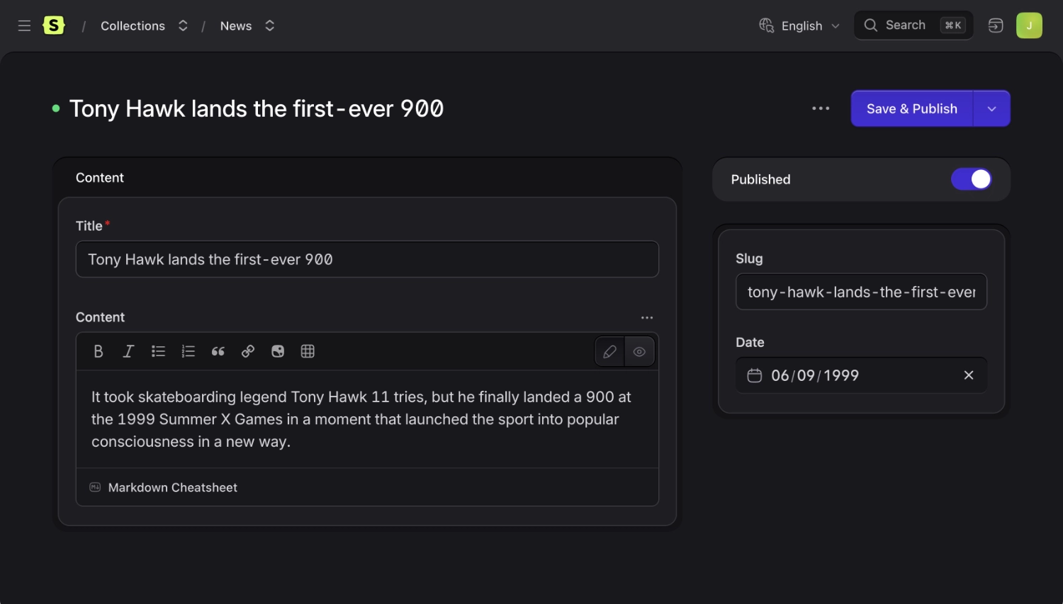 An entry being edited in the Statamic control panel