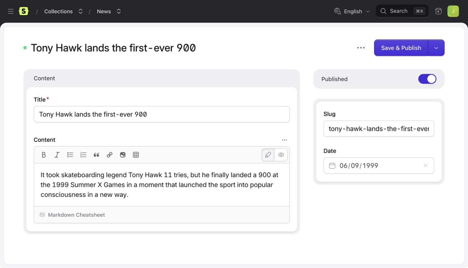 An entry being edited in the Statamic control panel