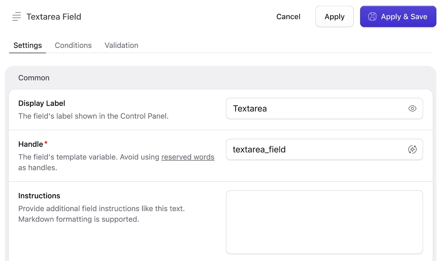Textarea field settings