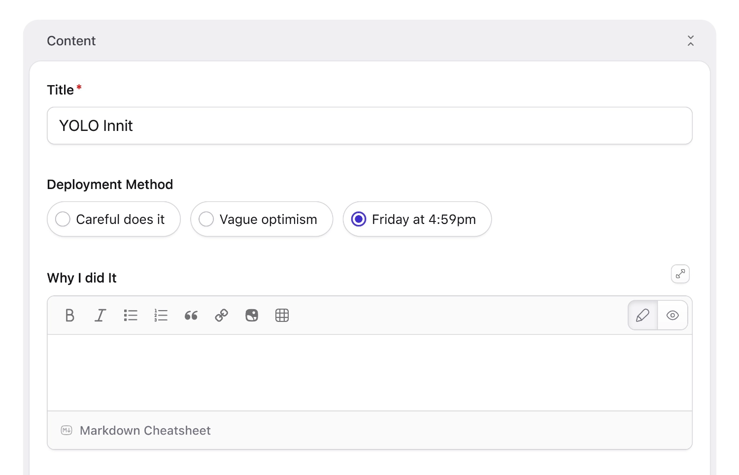 Chips on a publish form for radio fieldtype