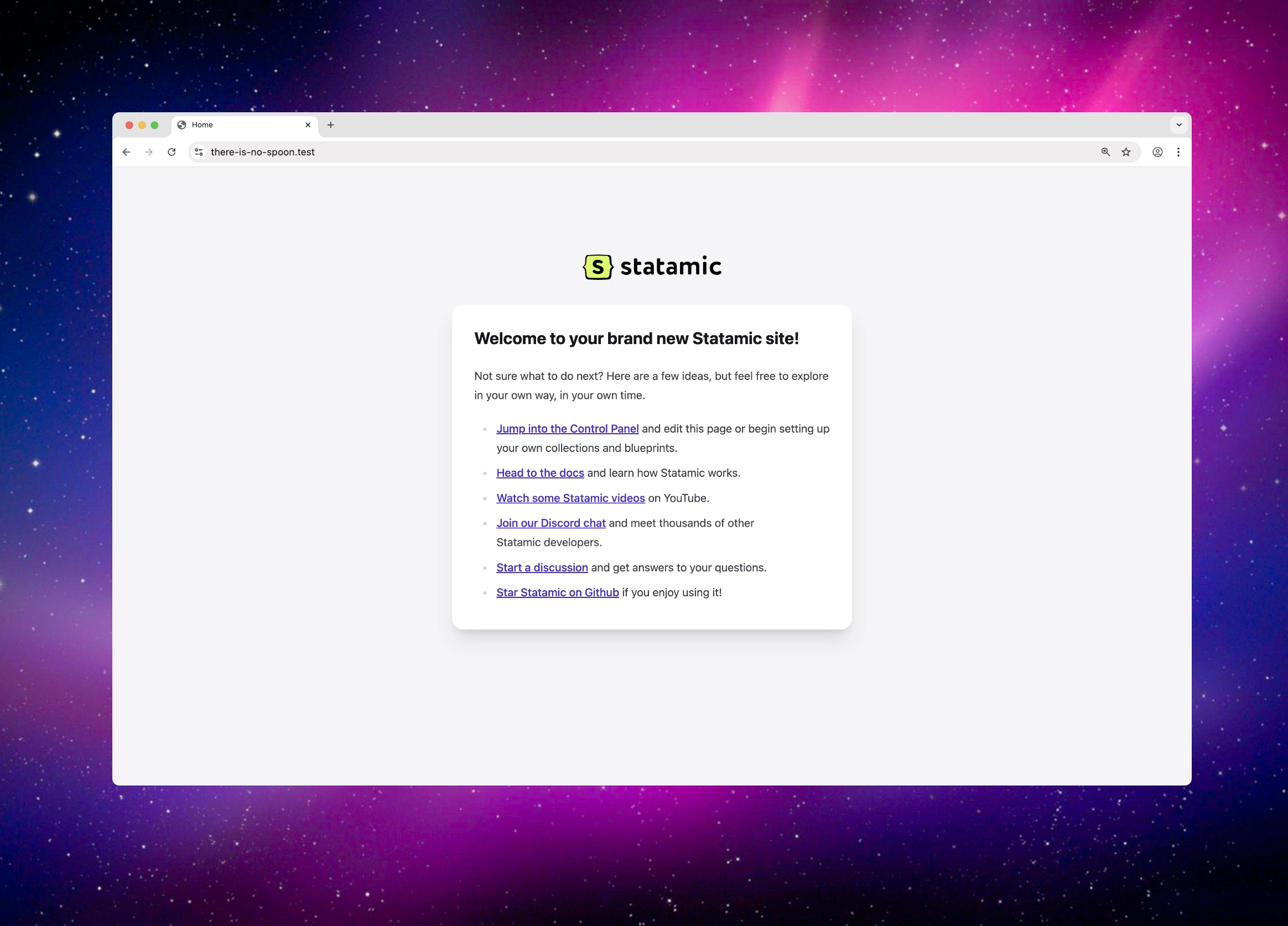 Screenshot showing a browser window with the welcome page of a fresh Statamic site