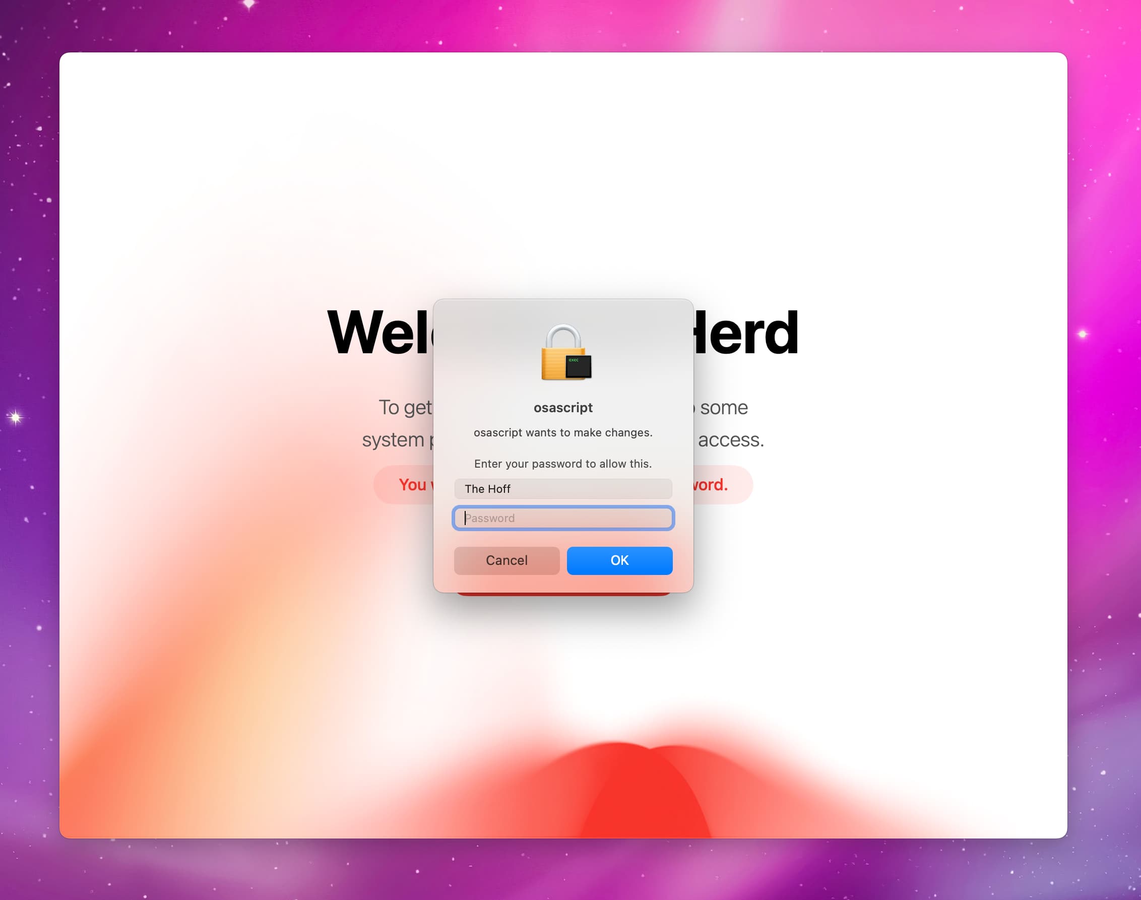 Screenshot showing macOS prompting for the user password to install Laravel Herd