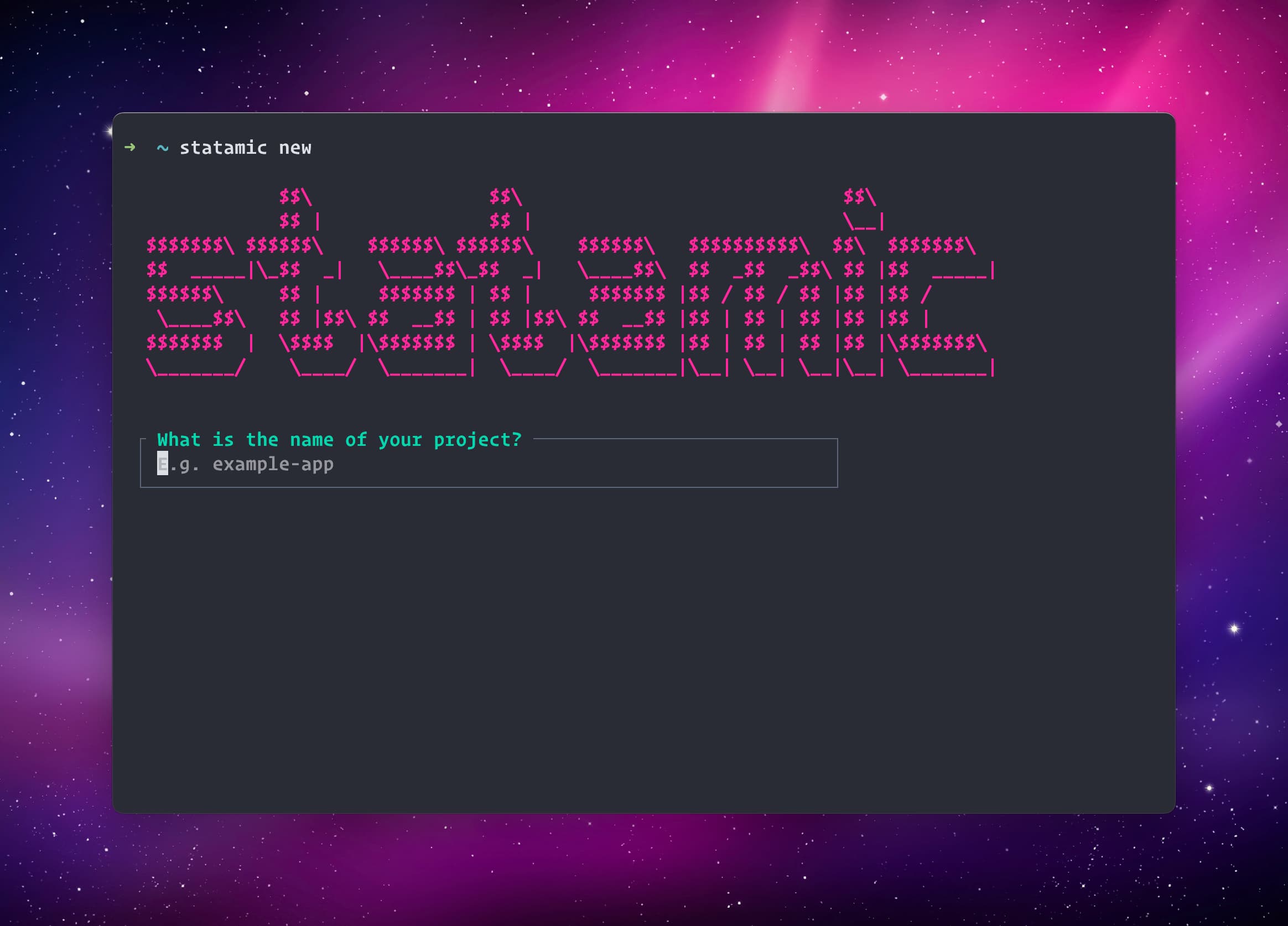 Screenshot showing the Kitty terminal emulator running the statamic new command with ASCII art
