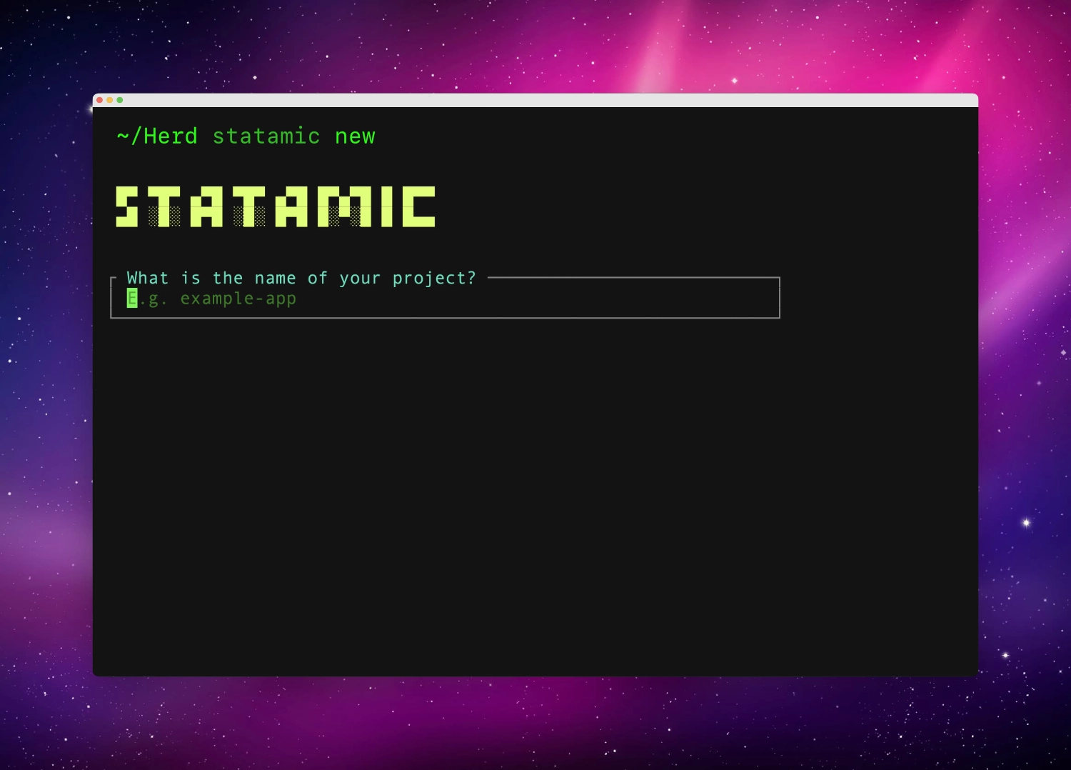 Screenshot showing the Kitty terminal emulator running the statamic new command with ASCII art