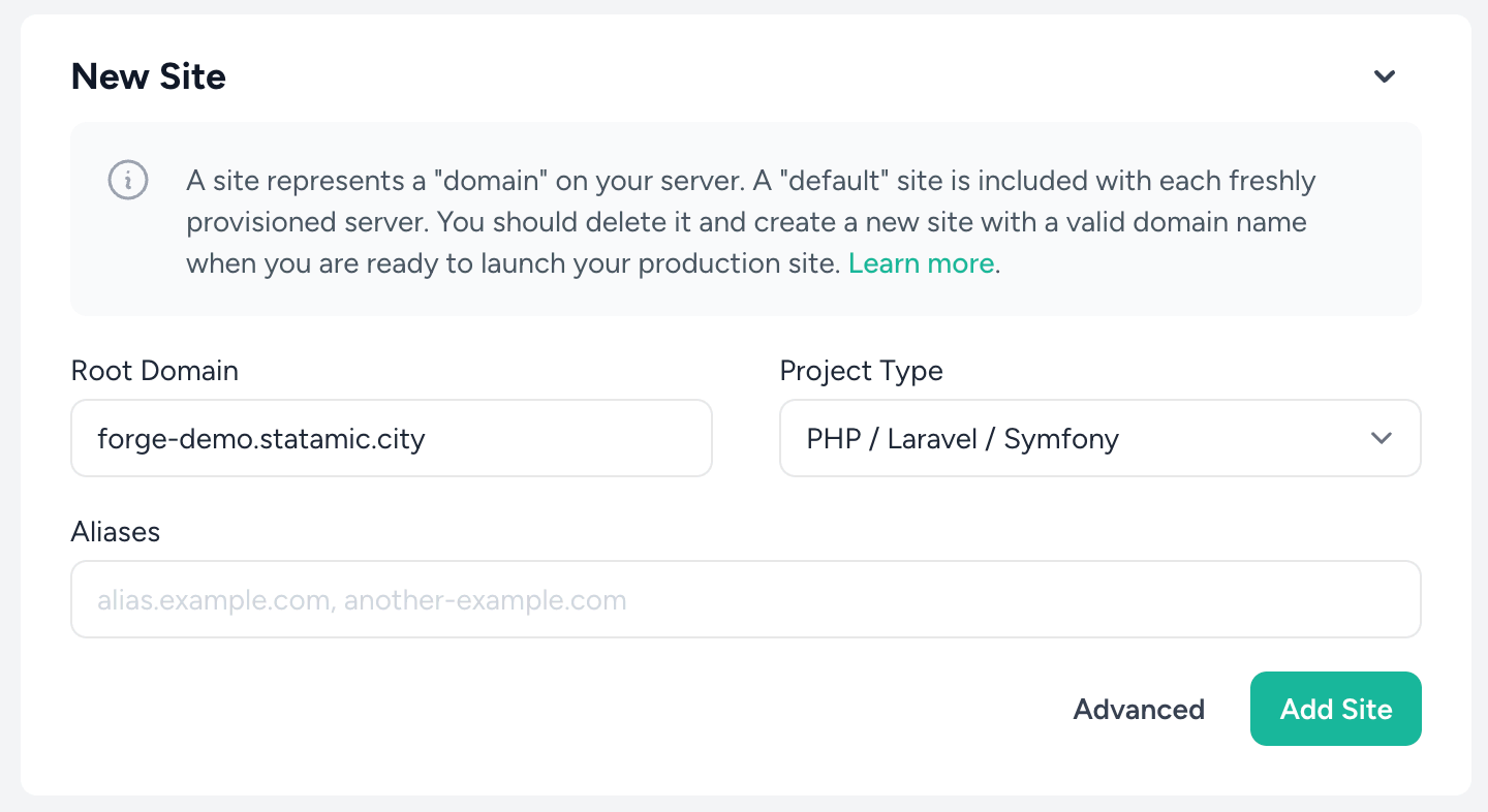 Make a new site with Laravel Forge
