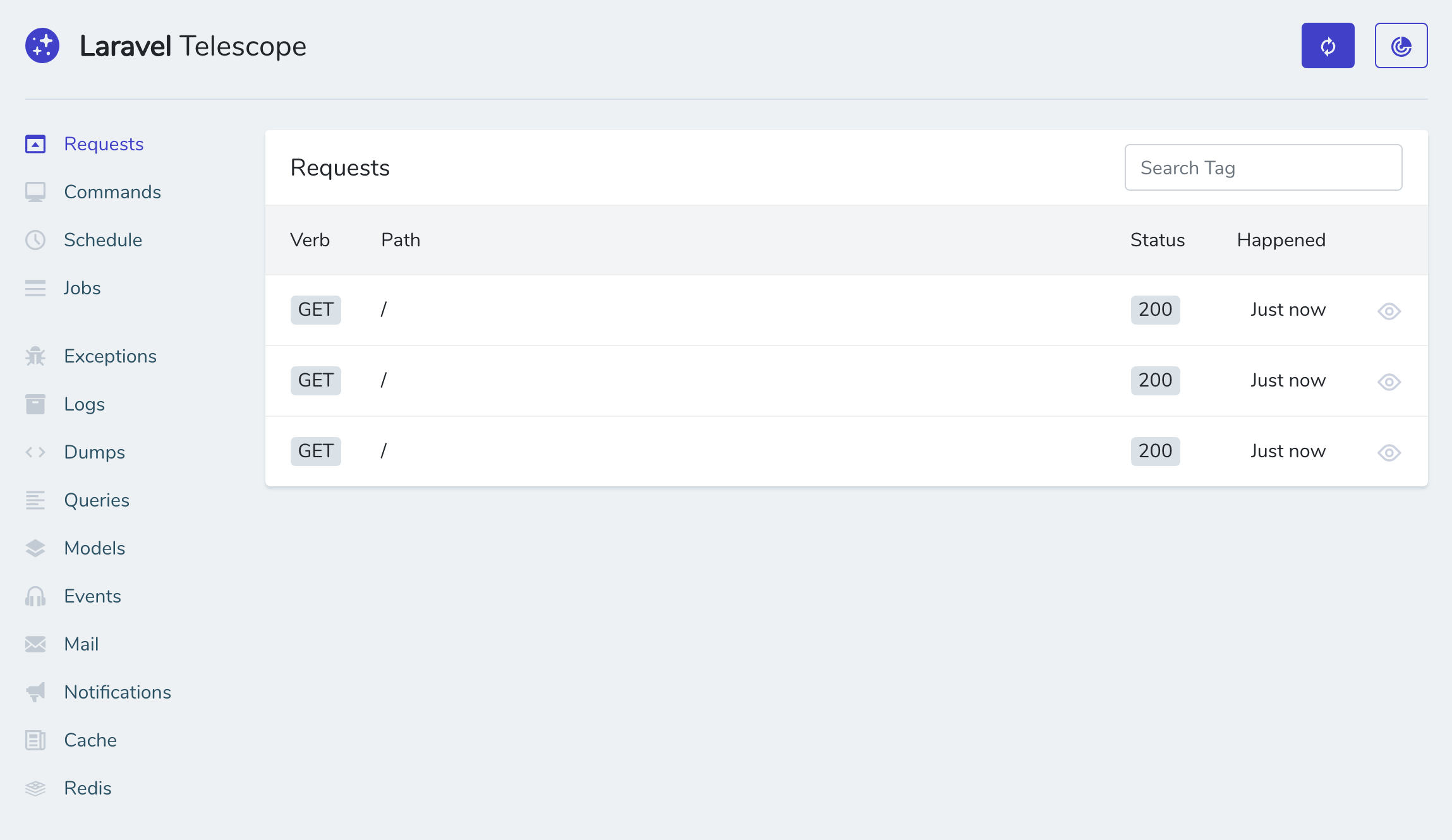 Laravel Telescope showing nothing particularly interesting