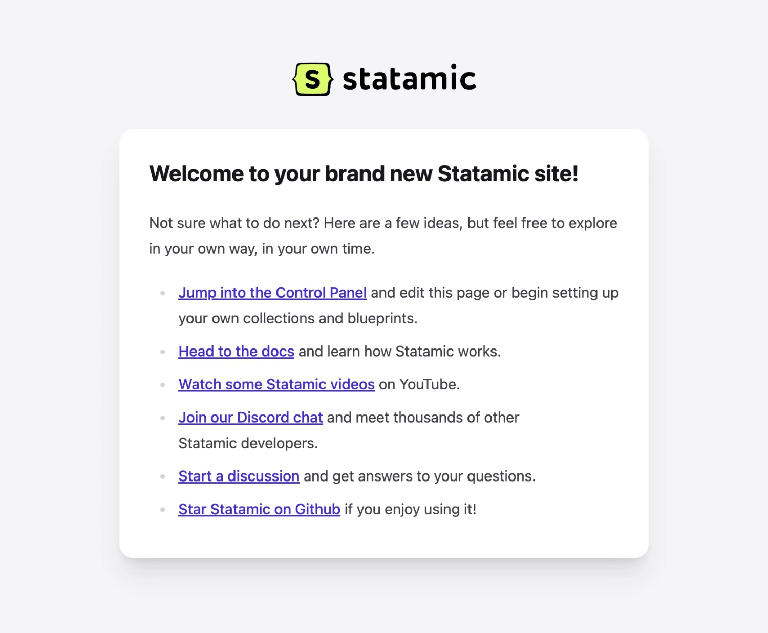 Statamic Welcome Screen