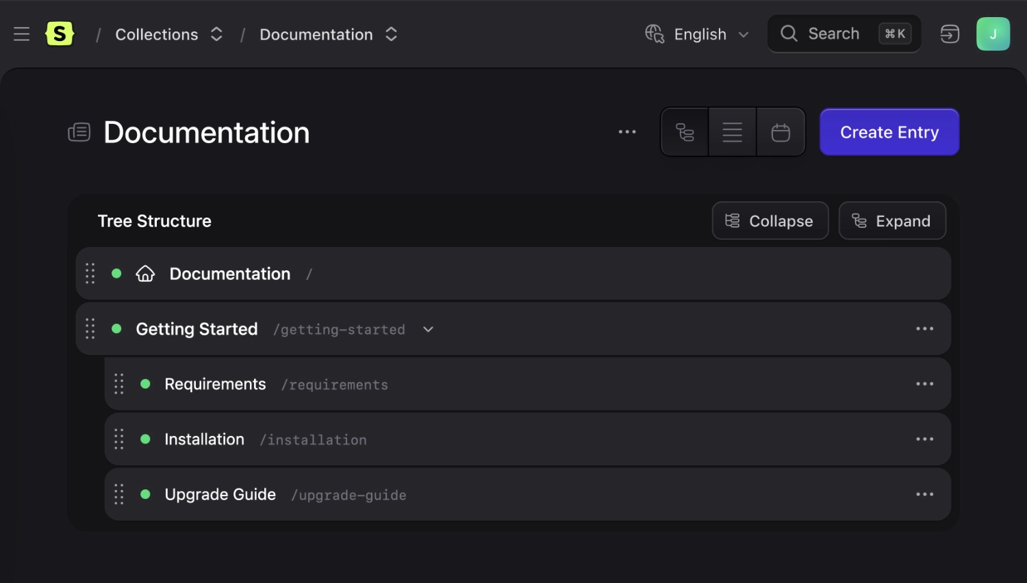 A Statamic structure page tree