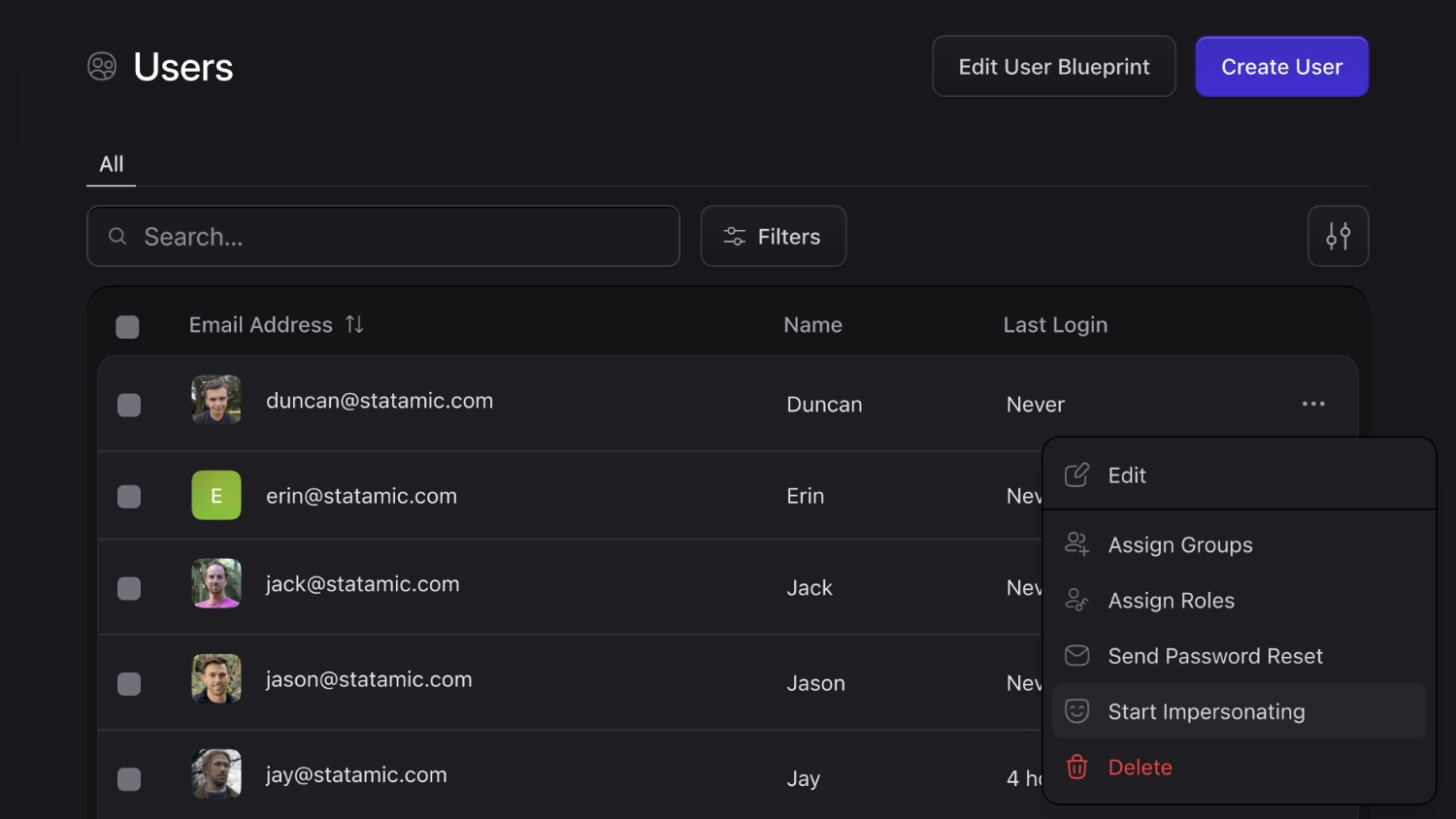 List view of Statamic Control Panel users with a dropdown showing various options, one of them being 'Start Impersonation'